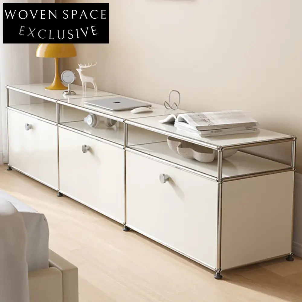 Nordic White Glossy Steel TV Cabinet for Modern Living Room Storage