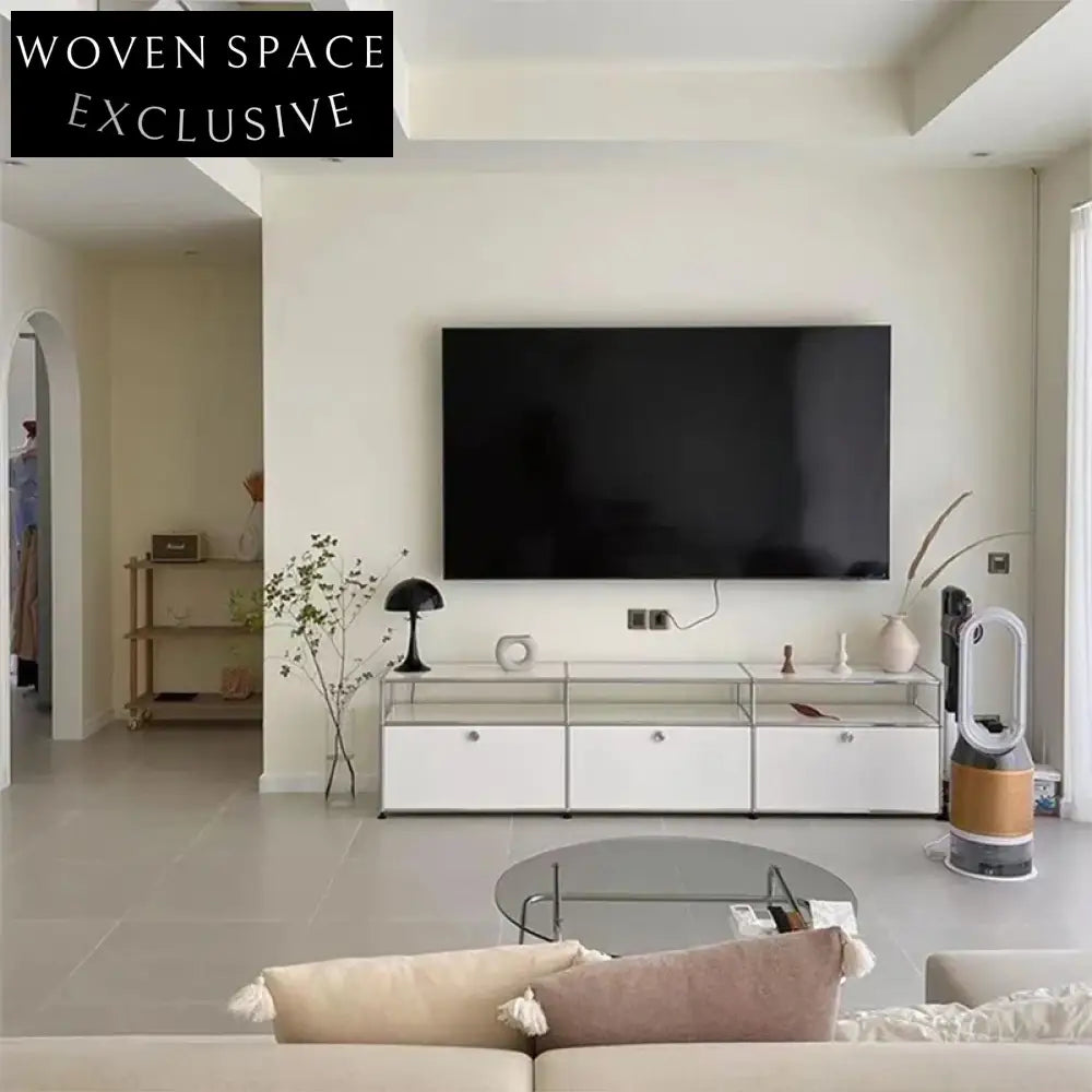 Nordic White Glossy Steel TV Cabinet for Modern Living Room Storage