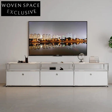 Nordic White Glossy Steel TV Cabinet for Modern Living Room Storage