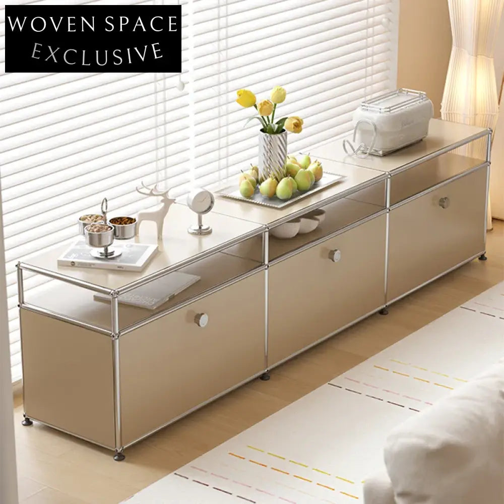 Nordic White Glossy Steel TV Cabinet for Modern Living Room Storage