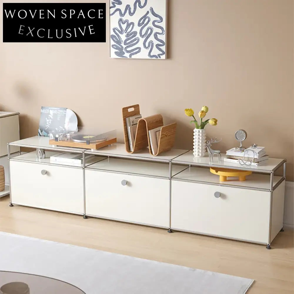 Nordic White Glossy Steel TV Cabinet for Modern Living Room Storage