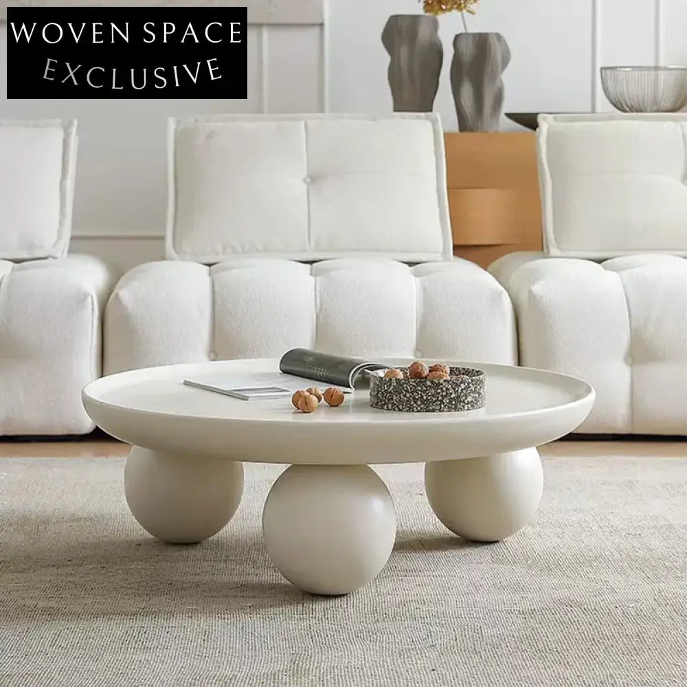 Nordic White Round Solid Wood Coffee Table with Elegant Ball Legs Design