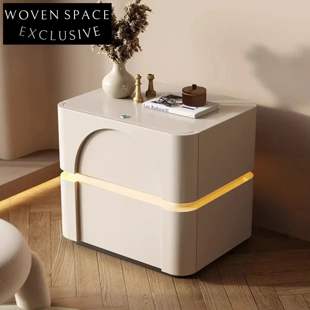 Nordic White Solid Wood Nightstand with 2 Drawers and LED Lamp, Square Bedside Table