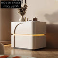 Nordic White Solid Wood Nightstand with 2 Drawers and LED Lamp, Square Bedside Table
