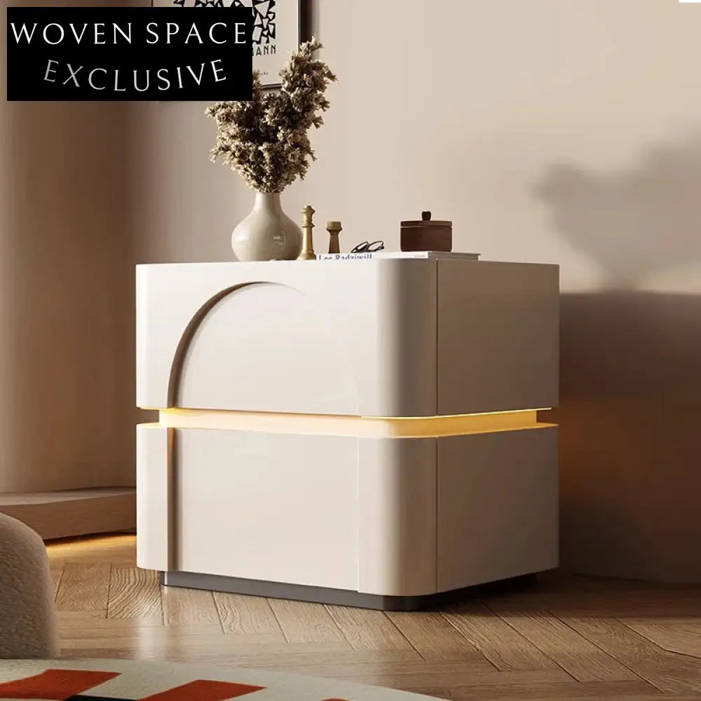 Nordic White Solid Wood Nightstand with 2 Drawers and LED Lamp, Square Bedside Table