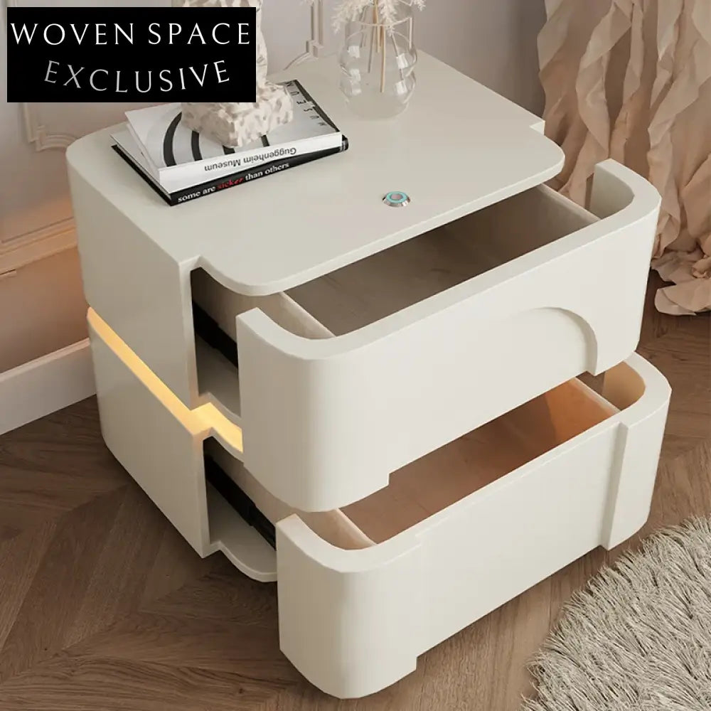 Nordic White Solid Wood Nightstand with 2 Drawers and LED Lamp, Square Bedside Table