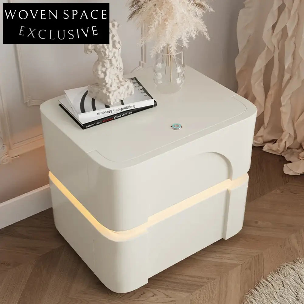 Nordic White Solid Wood Nightstand with 2 Drawers and LED Lamp, Square Bedside Table