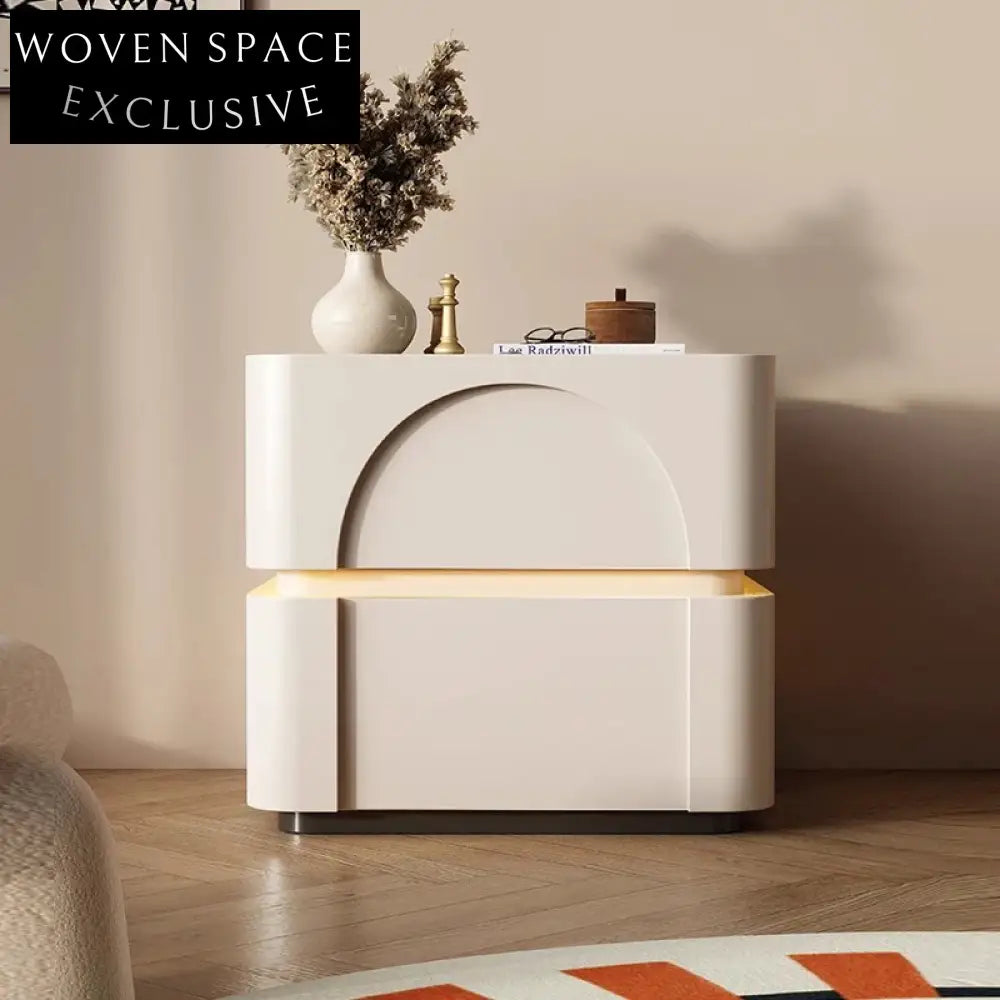 Nordic White Solid Wood Nightstand with 2 Drawers and LED Lamp, Square Bedside Table