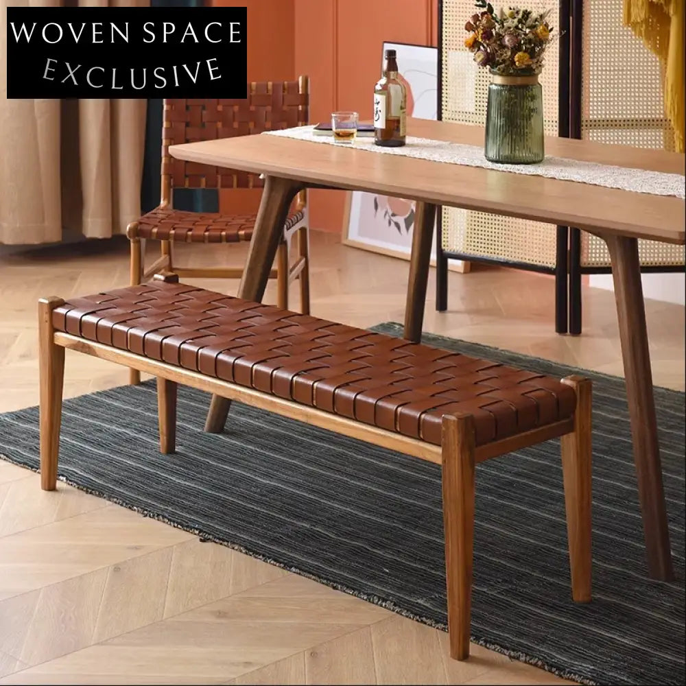 Nordic Woven Leather Wood Frame Entryway Ottoman Bench Modern Style