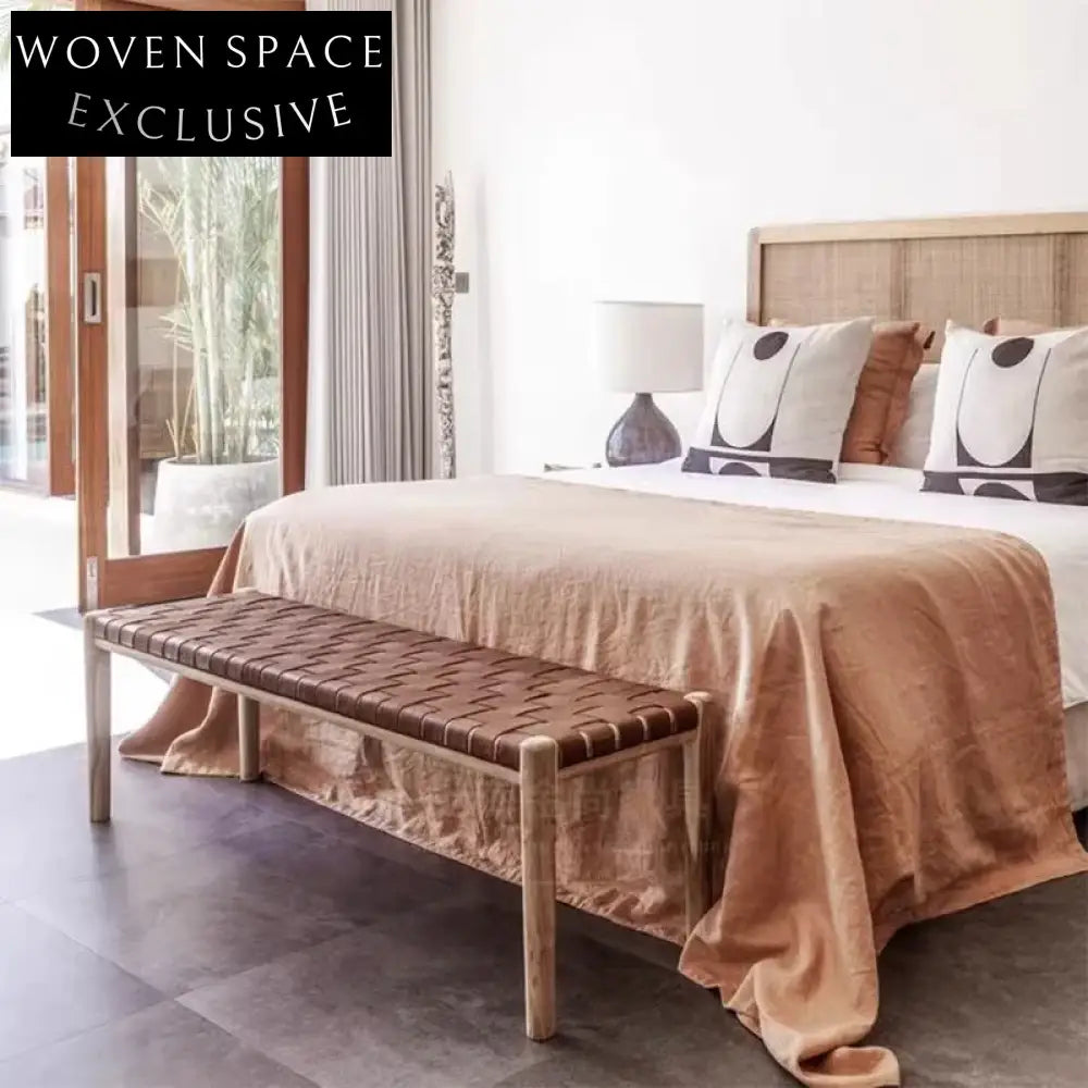 Nordic Woven Leather Wood Frame Entryway Ottoman Bench Modern Style