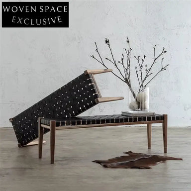 Nordic Woven Leather Wood Frame Entryway Ottoman Bench Modern Style