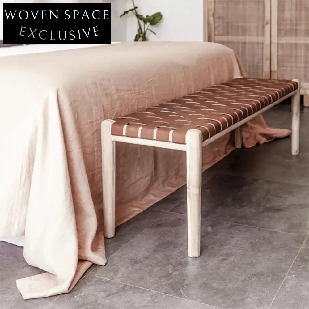 Nordic Woven Leather Wood Frame Entryway Ottoman Bench Modern Style