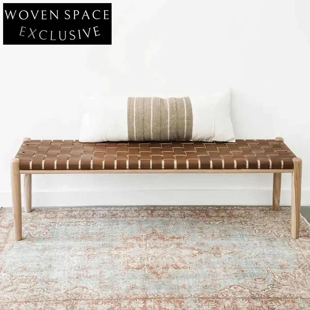 Nordic Woven Leather Wood Frame Entryway Ottoman Bench Modern Style