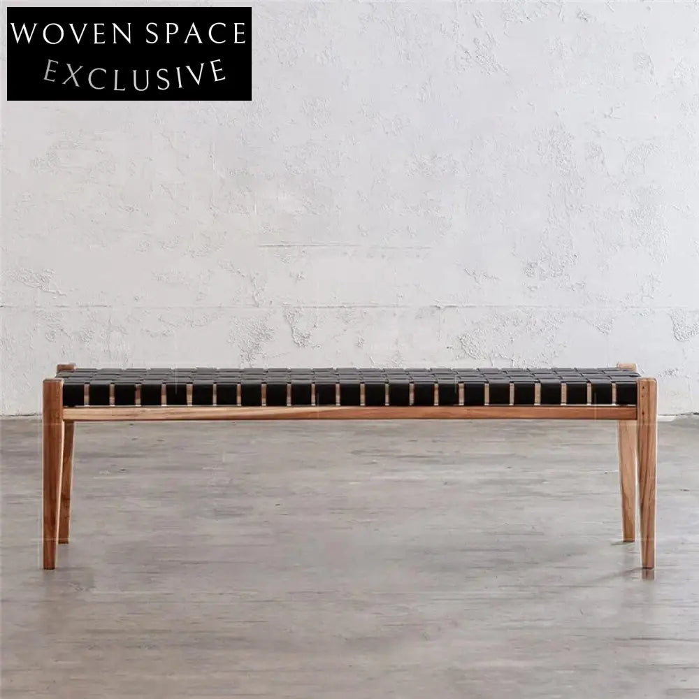 Nordic Woven Leather Wood Frame Entryway Ottoman Bench Modern Style