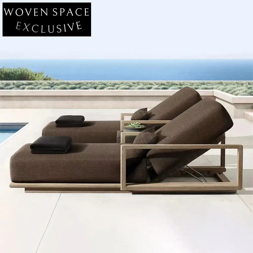 Northern European Teak Wood Outdoor Sun Lounger with Waterproof Upholstery
