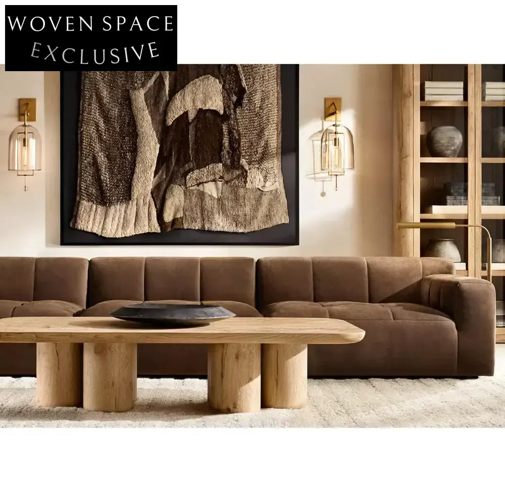 Luxury Modern Oak Wood Coffee Table with Cylindrical Supports Design