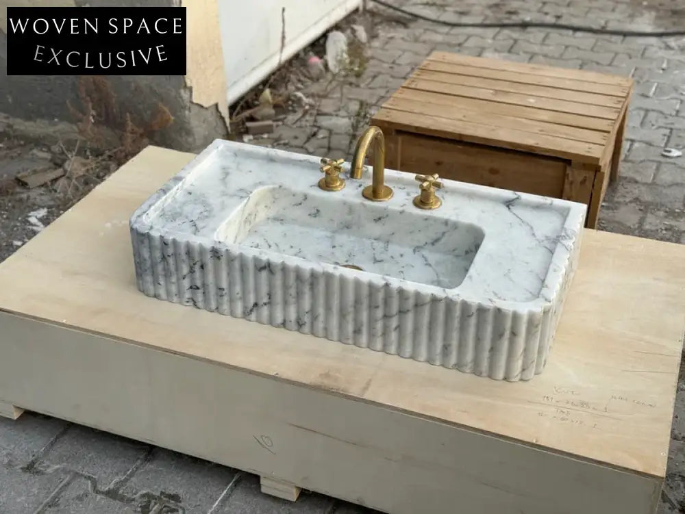 Oliviane Marble Sink, Ribbed 3 Sides Bathroom Basin — Woven Space