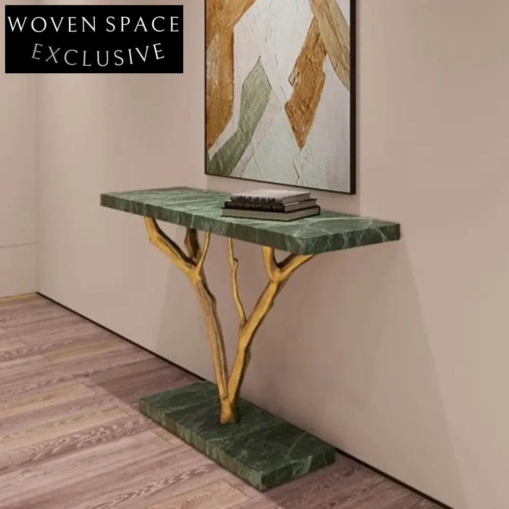 Opulent Brass Tree Design White Marble Top Luxurious Entryway Console Table