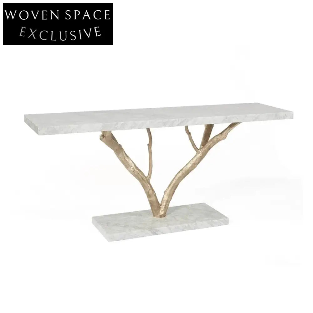 Opulent Brass Tree Design White Marble Top Luxurious Entryway Console Table