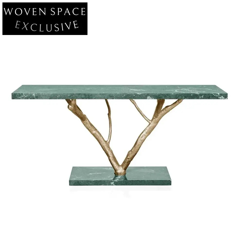 Opulent Brass Tree Design White Marble Top Luxurious Entryway Console Table