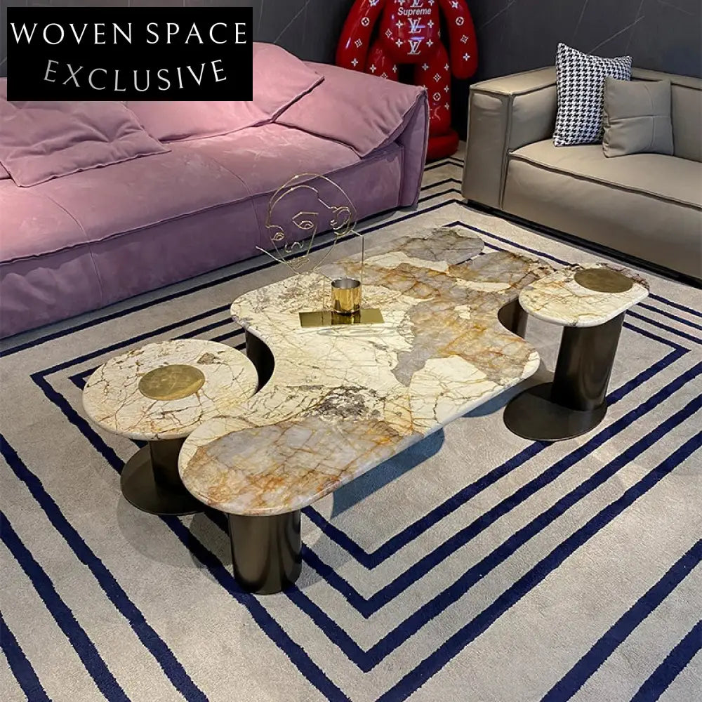 Opulent Multi-Functional Marble Top Gold Stainless Steel Living Room Coffee Table Set