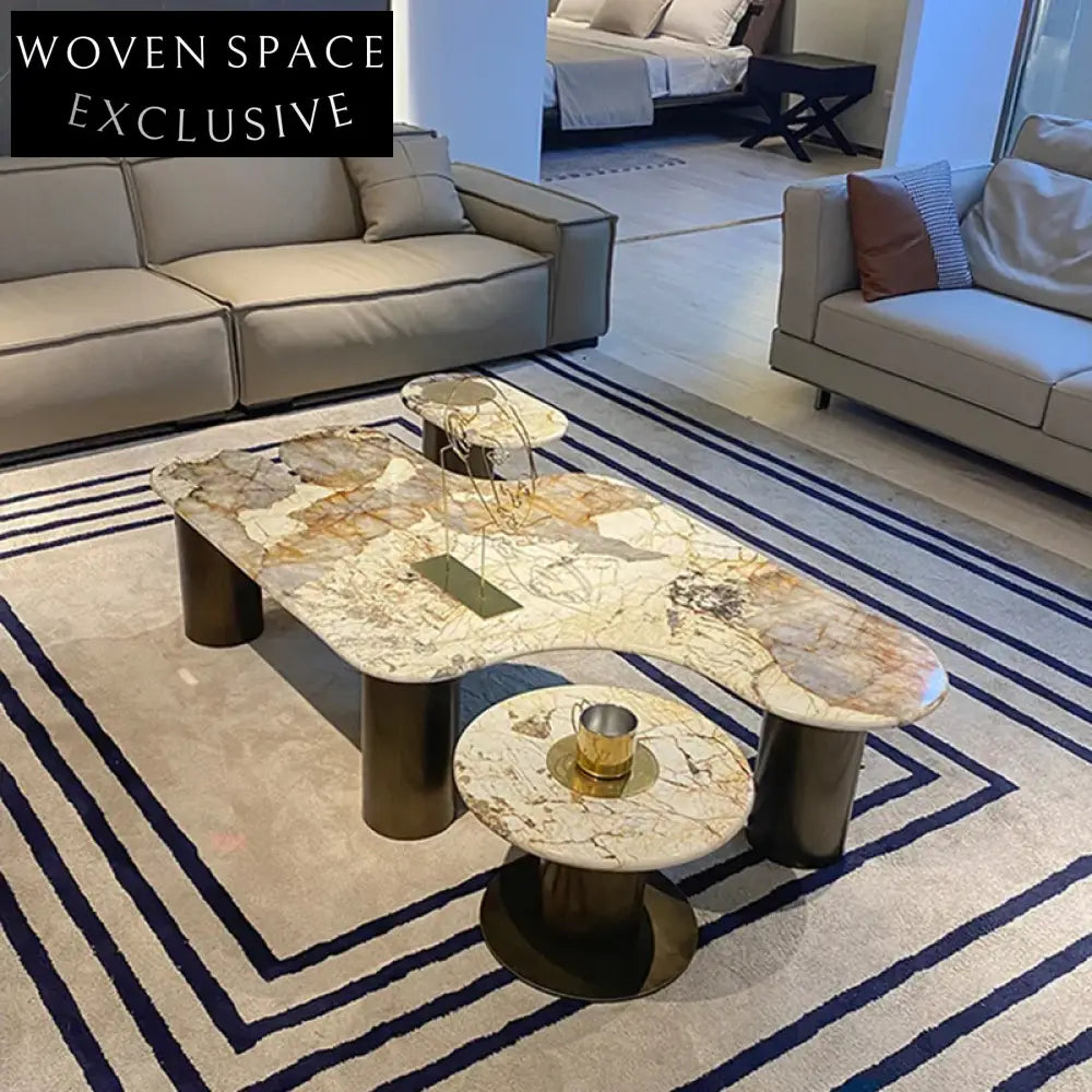 Opulent Multi-Functional Marble Top Gold Stainless Steel Living Room Coffee Table Set