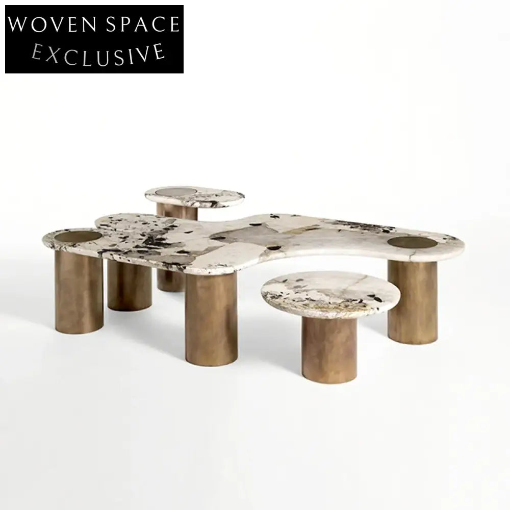 Opulent Multi-Functional Marble Top Gold Stainless Steel Living Room Coffee Table Set