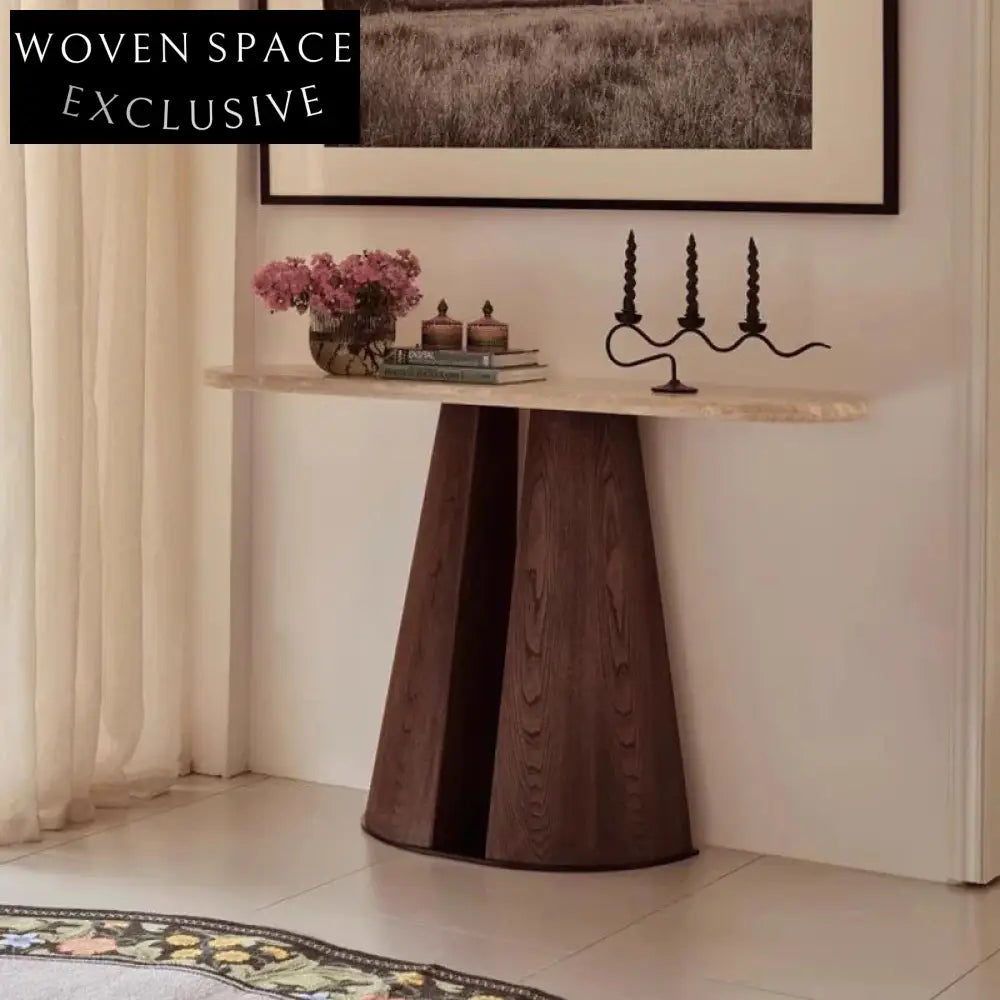 Opulent Solid Oak Wood Travertine Stone Console Table and TV Unit