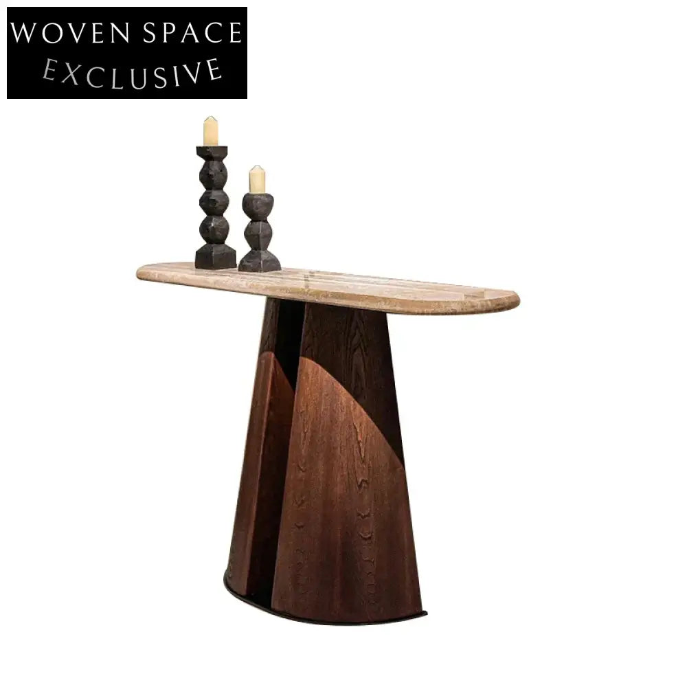 Opulent Solid Oak Wood Travertine Stone Console Table and TV Unit
