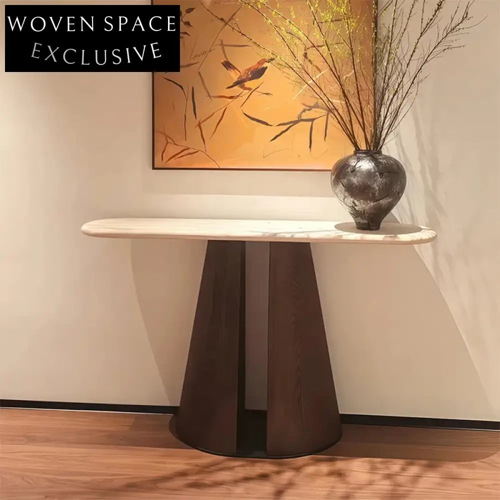 Opulent Solid Oak Wood Travertine Stone Console Table and TV Unit