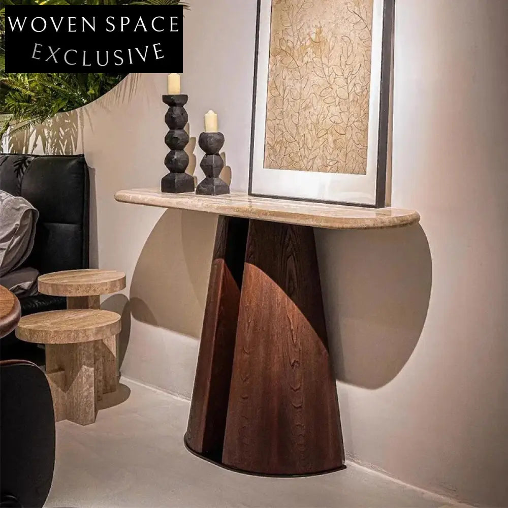 Opulent Solid Oak Wood Travertine Stone Console Table and TV Unit