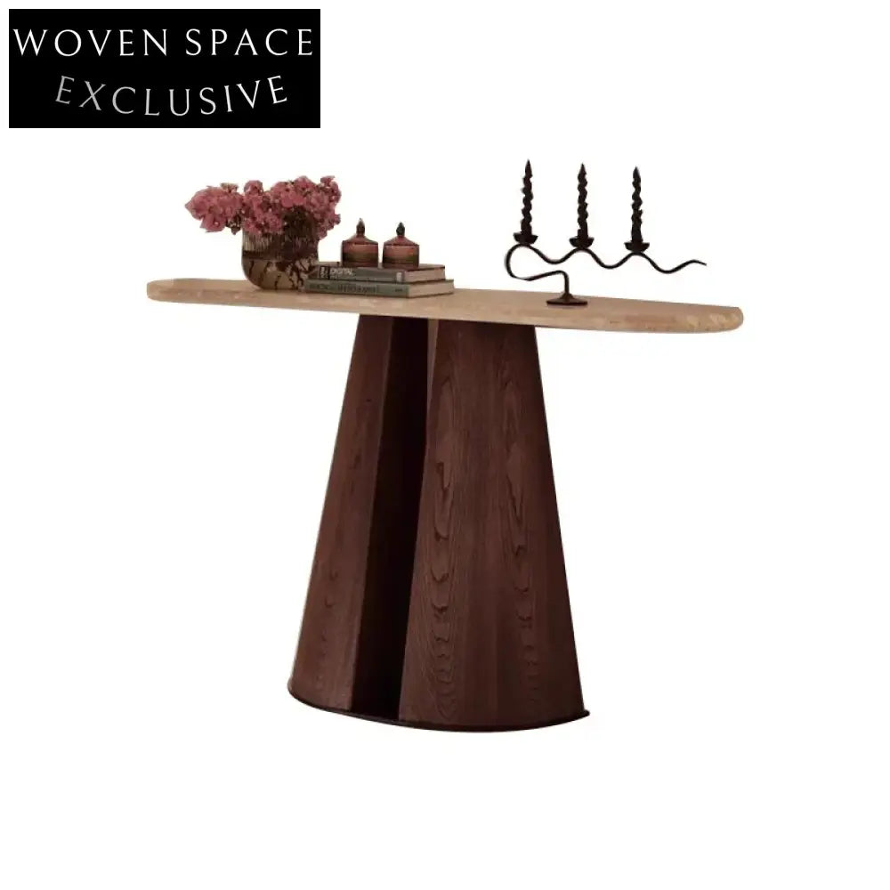 Opulent Solid Oak Wood Travertine Stone Console Table and TV Unit