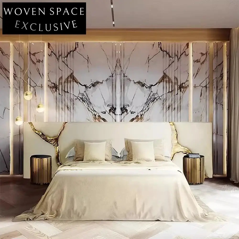 Opulent Suede King Bed Frame with Golden Metal Accents & Soft Headboard