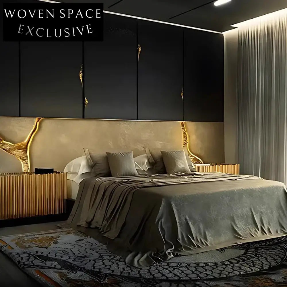 Opulent Suede King Bed Frame with Golden Metal Accents & Soft Headboard