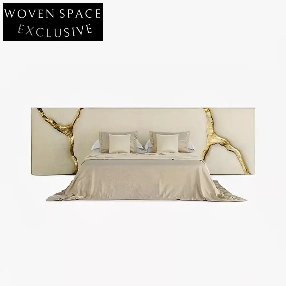 Opulent Suede King Bed Frame with Golden Metal Accents & Soft Headboard