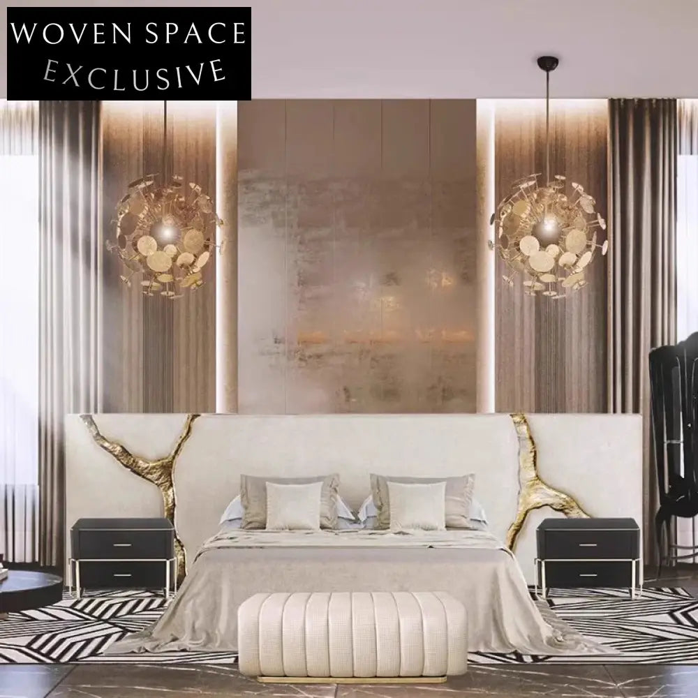 Opulent Suede King Bed Frame with Golden Metal Accents & Soft Headboard