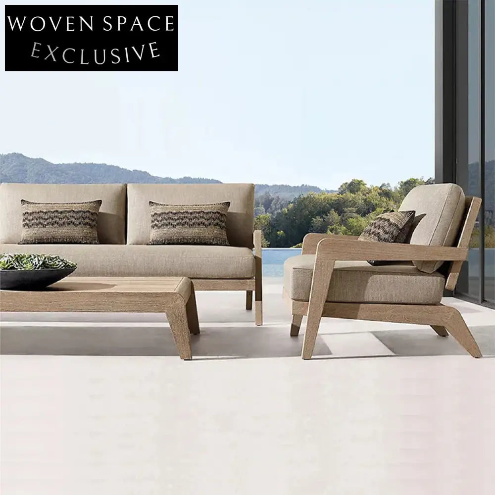 Outdoor Teak Wood Sofa Chair with Rattan Woven Backrest and Cushion