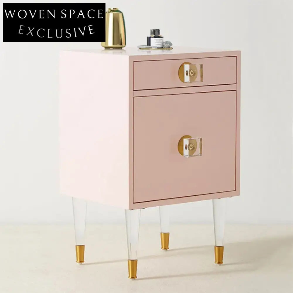 Pink Acrylic & Wood Modern Nightstand with Storage Drawer and Open Shelf