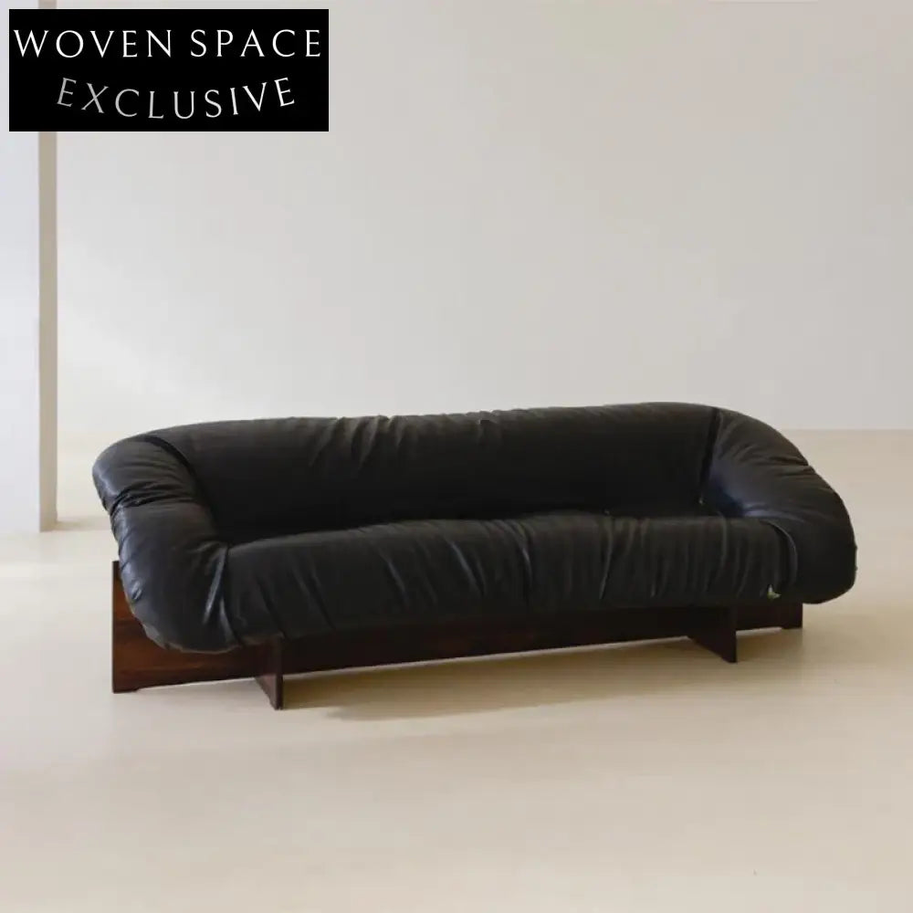 Plush 3-Seater Black Leather Sectional Sofa with Stylish Wooden Legs
