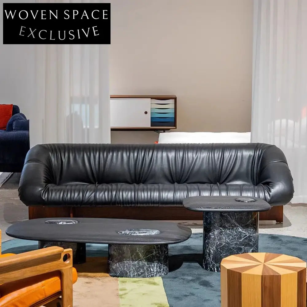 Plush 3-Seater Black Leather Sectional Sofa with Stylish Wooden Legs