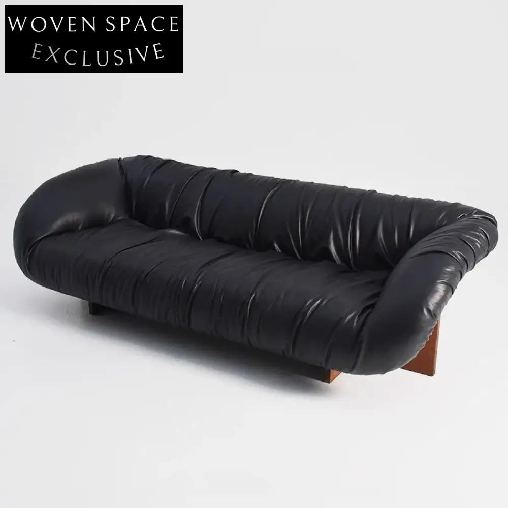Plush 3-Seater Black Leather Sectional Sofa with Stylish Wooden Legs