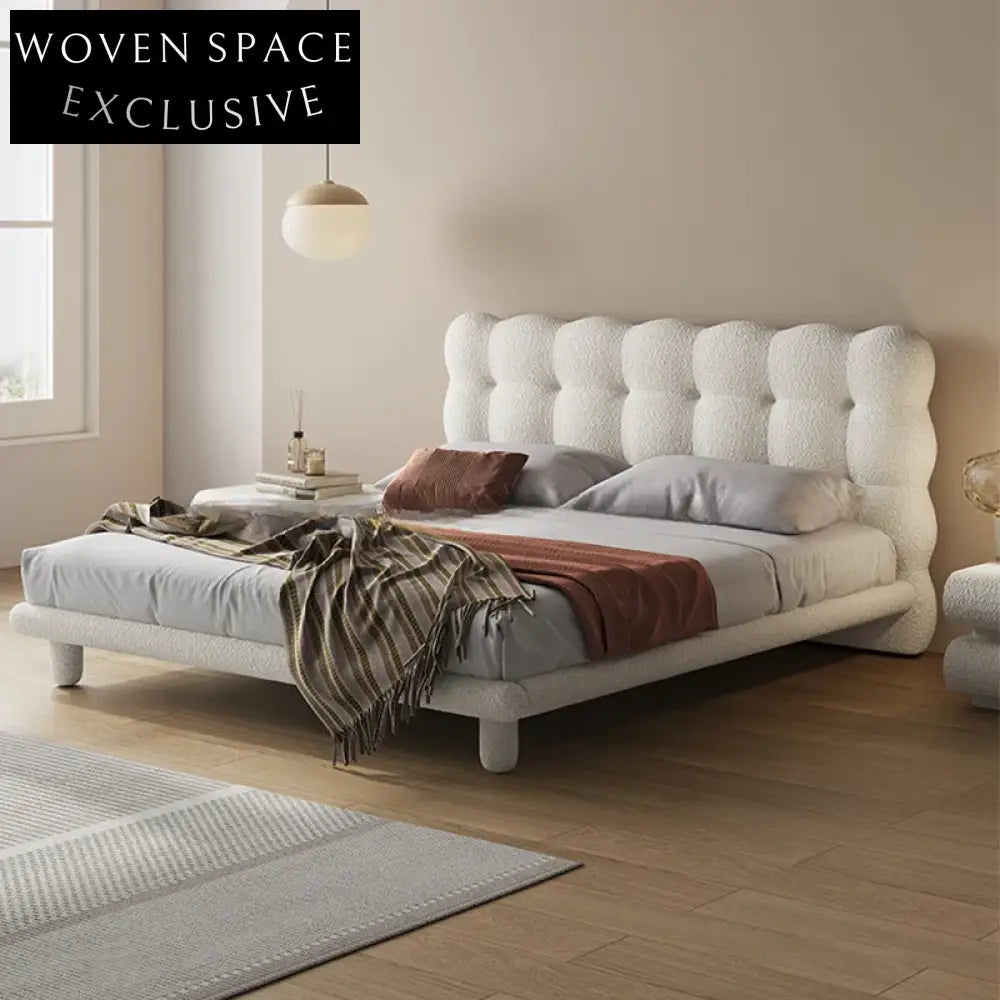 Plush Nordic Boucle Fabric Queen King Size Upholstered Soft Platform Bed Frame