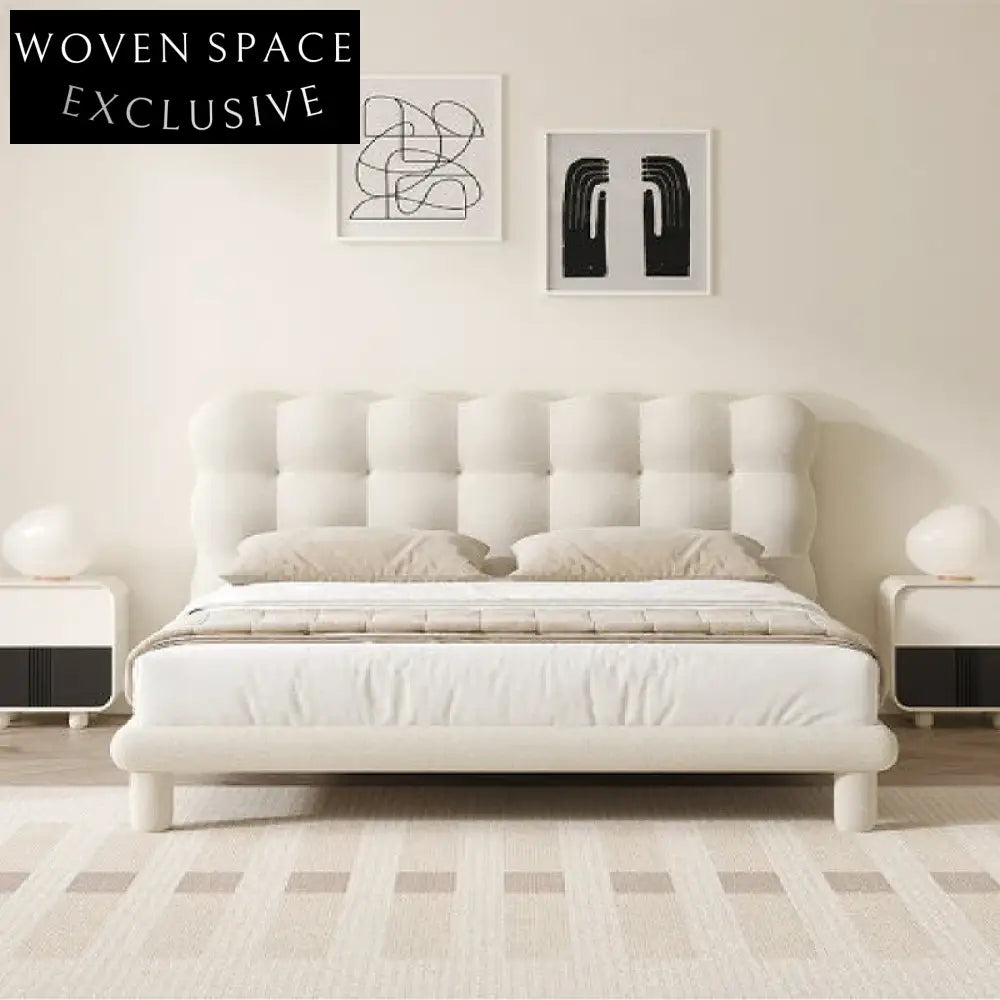 Plush Nordic Boucle Fabric Queen King Size Upholstered Soft Platform Bed Frame