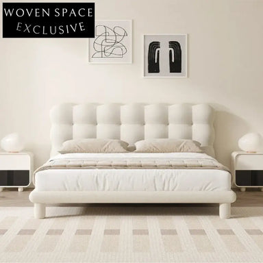 Plush Nordic Boucle Fabric Queen King Size Upholstered Soft Platform Bed Frame