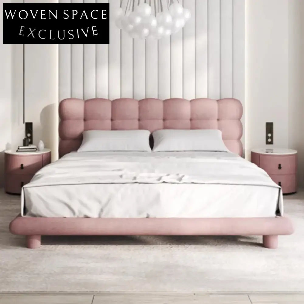 Plush Nordic Boucle Fabric Queen King Size Upholstered Soft Platform Bed Frame
