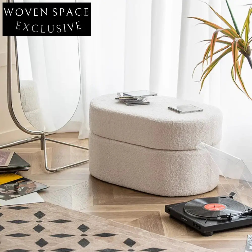 Plush Nordic Lamb Wool Upholstered Storage Ottoman, Cozy Living Room Stool