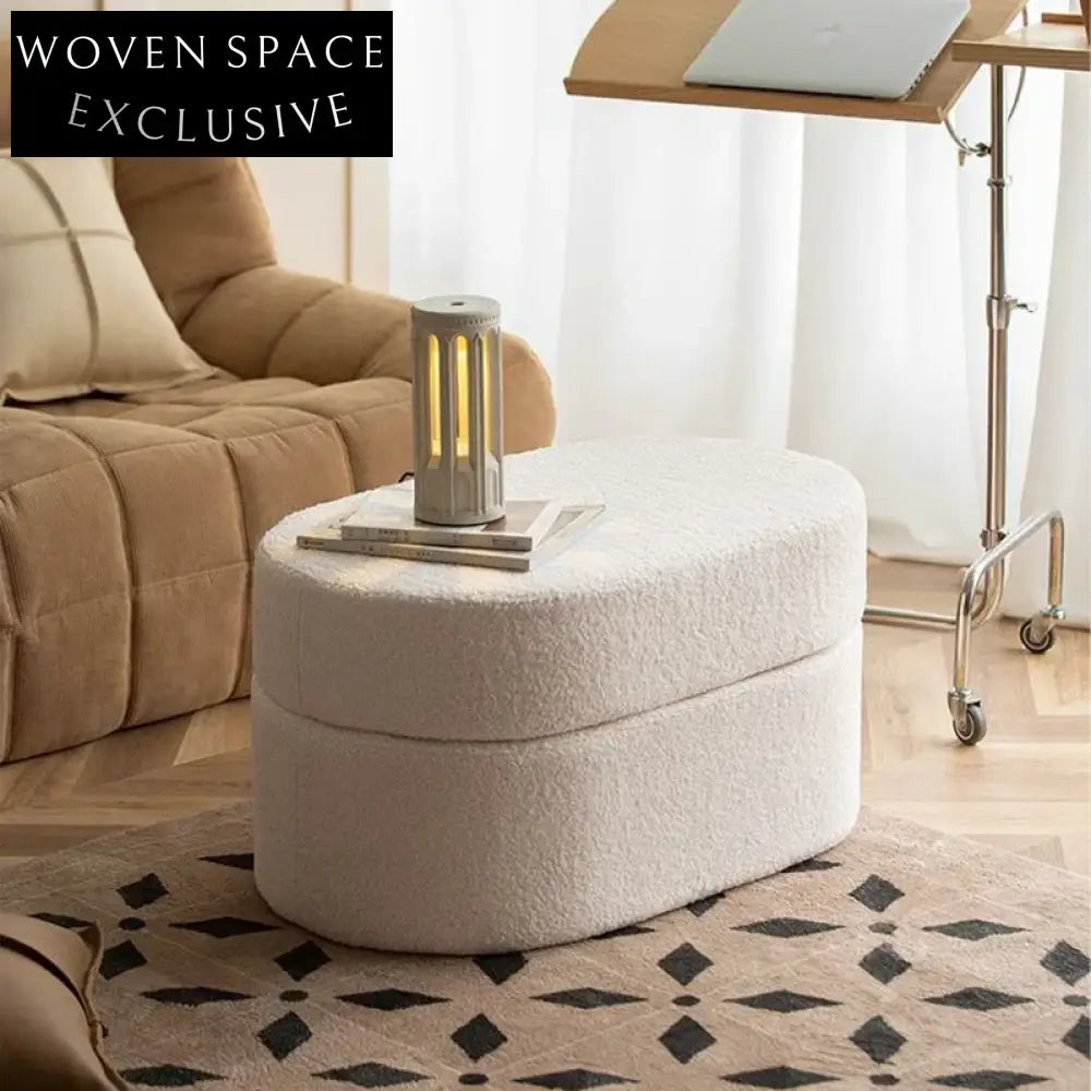 Plush Nordic Lamb Wool Upholstered Storage Ottoman, Cozy Living Room Stool
