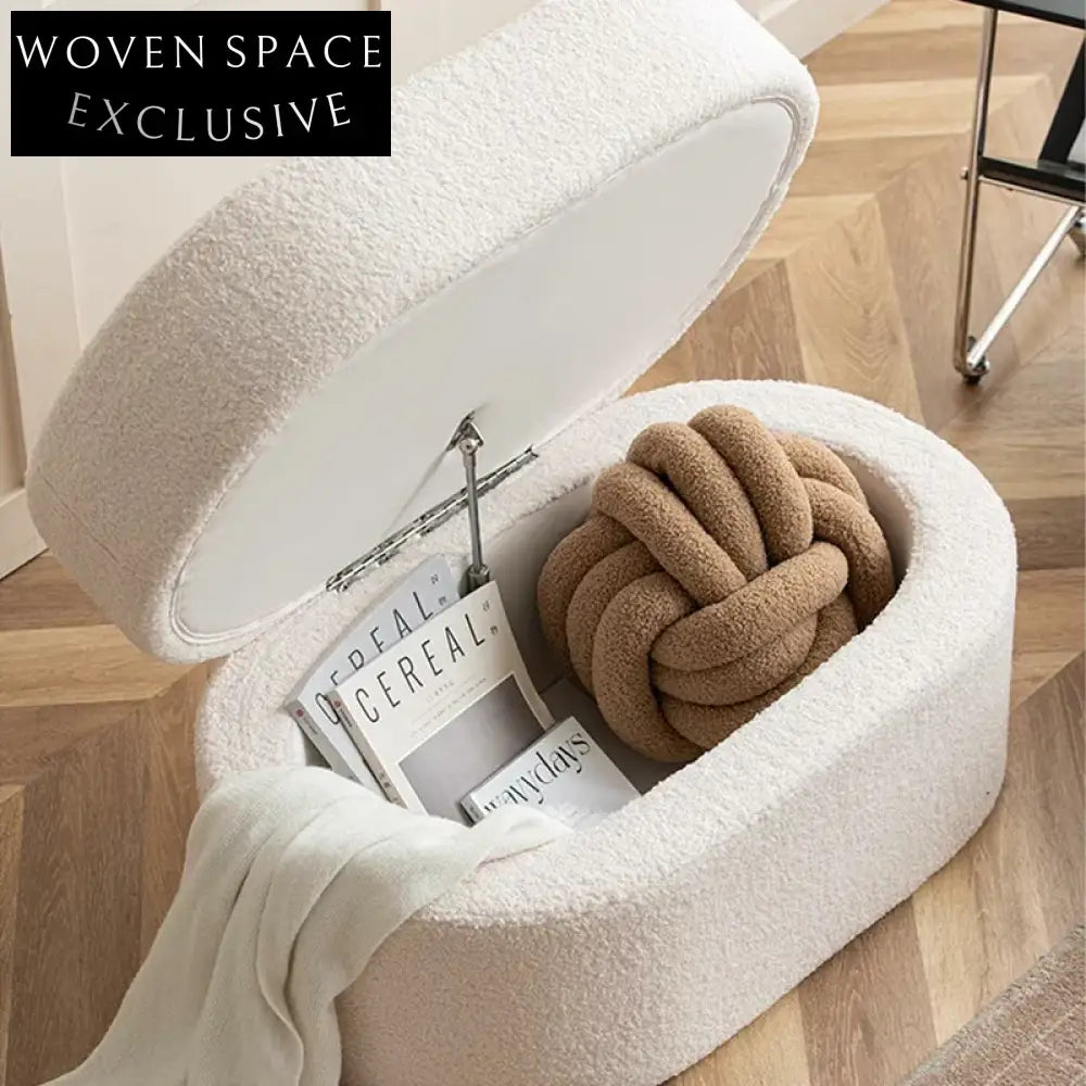 Plush Nordic Lamb Wool Upholstered Storage Ottoman, Cozy Living Room Stool