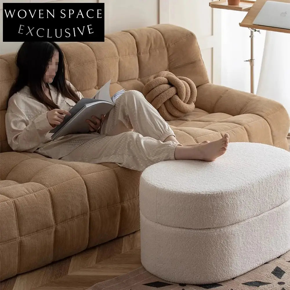 Plush Nordic Lamb Wool Upholstered Storage Ottoman, Cozy Living Room Stool
