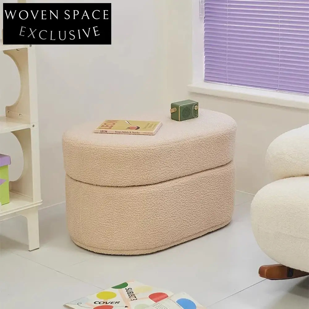 Plush Nordic Lamb Wool Upholstered Storage Ottoman, Cozy Living Room Stool